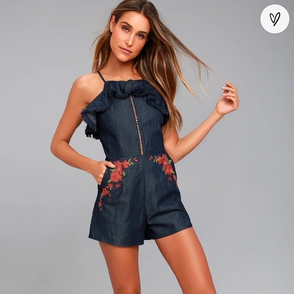 Moon River Roseanne Dark Blue Chambray Embroidered Romper Sz XS